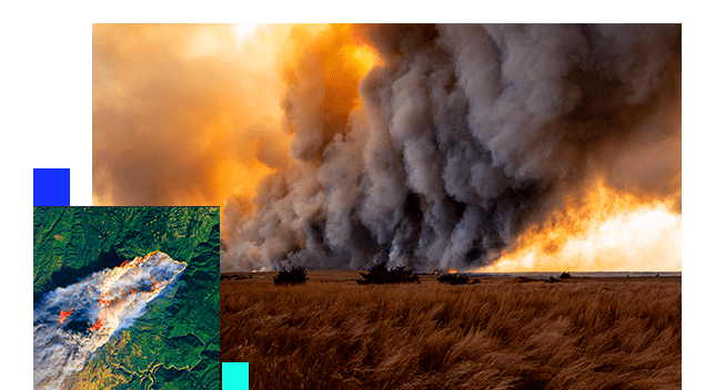 Grande incêndio em um campo e uma grande nuvem de fumaça cinza e uma imagem aérea de um incêndio florestal com chamas laranja e fumaça