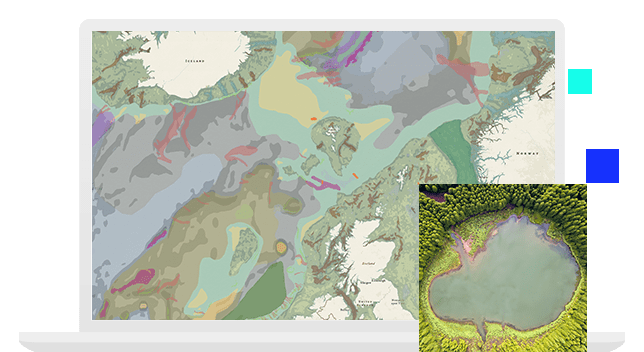 Monitor laptopa wyświetlający wielokolorową mapę topograficzną pagórkowatego terenu i zobrazowanie lotnicze jeziora