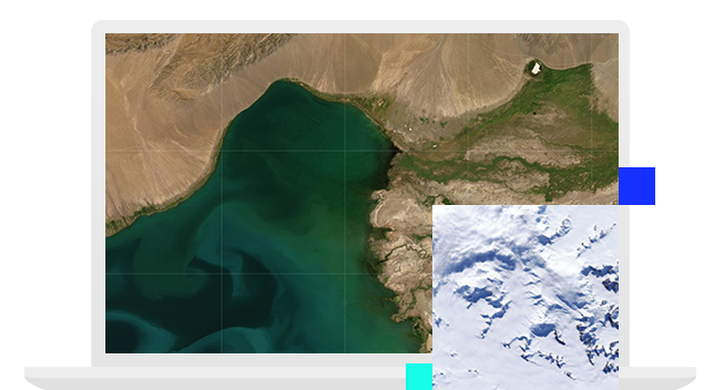 Laptop displaying basemap with land and water