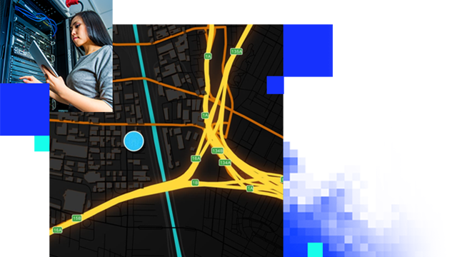 A map with a blue location dot near a highway highlighted in yellow overlaid with an image of a person using a tablet near a server stack