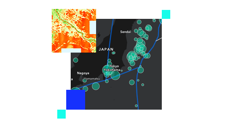 Computer-generated map of Japan with green dots and blue boundary lines