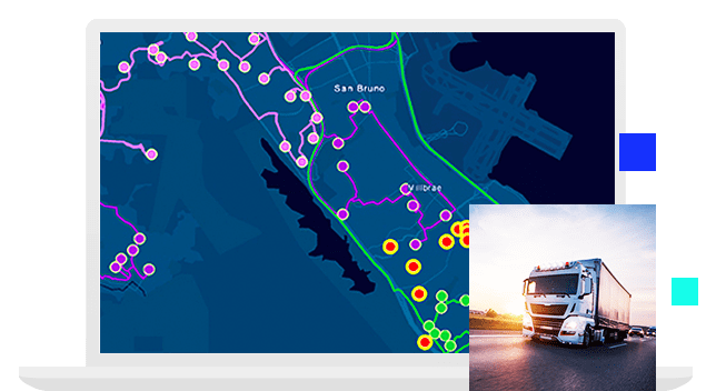 Blue digital map with pink, purple, and red scattered dots indicating points of interest and small image of a big rig truck