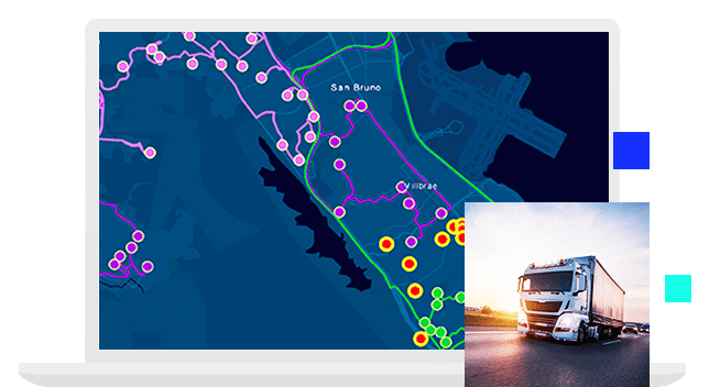 Mapa digital azul com pontos espalhados em rosa, roxo e vermelho indicando pontos de interesse e pequena imagem de um grande caminhão de plataforma