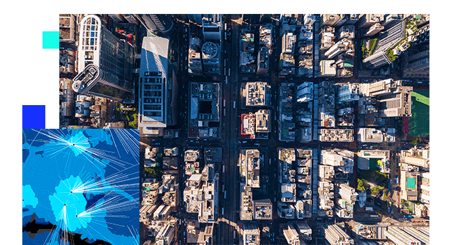 Imagem aérea de uma cidade com muitos edifícios e uma estrada e uma pequena caixa pop-up com um mapa azul e linhas em forma de estrela