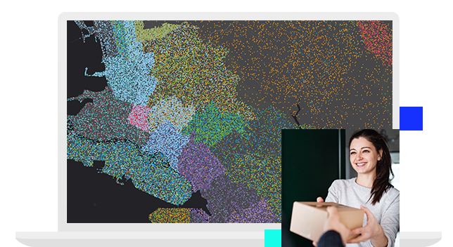 Mapa con puntos de colores con un recuadro de una joven recibiendo un paquete