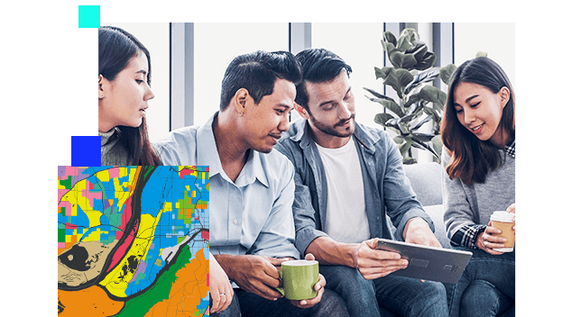 Group of people on couch looking at a tablet with inset of map