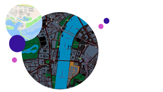 Una mappa illustrata divisa a metà da un fiume con, sovrapposti, altri elementi grafici circolari, inclusa una mappa di un'area costiera.