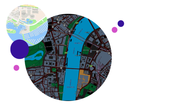 Illustration d’une carte coupée en deux par une rivière, recouverte d’autres éléments graphiques circulaires dont une carte d’une zone côtière