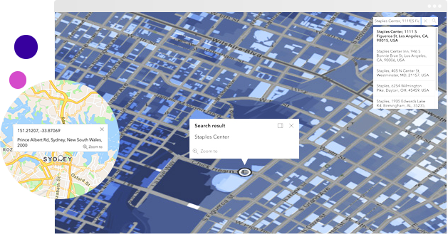 Blue street map of Los Angeles with Staples Center marked