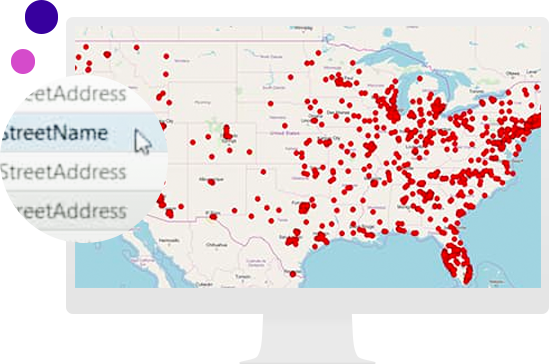 Écran d’ordinateur affichant une carte des États-Unis avec des points rouges