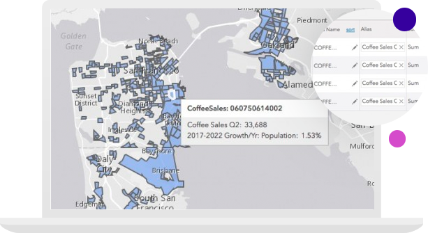 Gray map with areas highlighted in blue and pop-up box showing sales figures