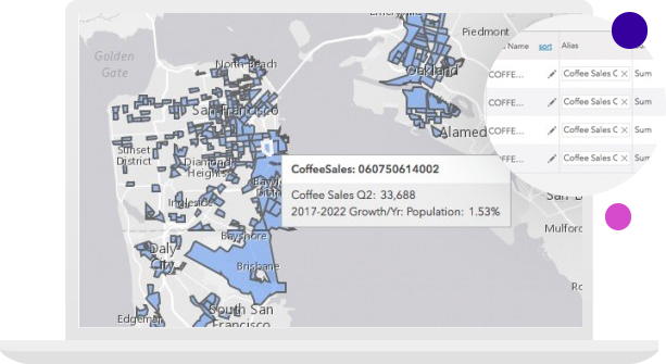 Mapa gris con áreas destacadas en azul y cuadro emergente que muestra las cifras de ventas