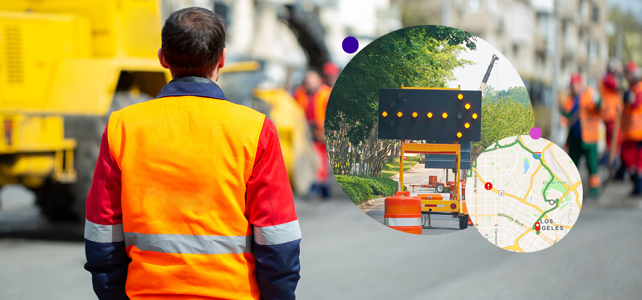 Trabalhador da construção civil com colete laranja na estrada