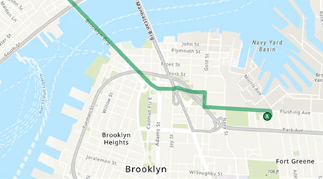 Street map of Brooklyn Heights neighborhood with route highlighted in green