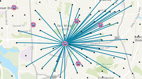 Mappa stradale di San Francisco con icone di carrelli della spesa e varie linee in blu