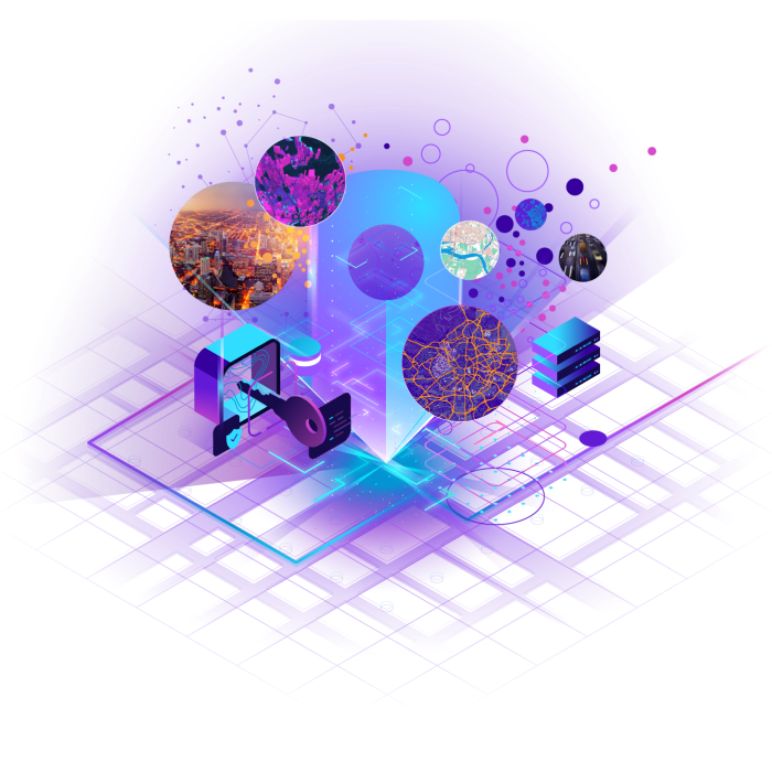 A blue and purple illustration of a location pin, a lock and key, and a computer infrastructure stack overlaid with five circular mages of maps, city sprawl, and cars in traffic