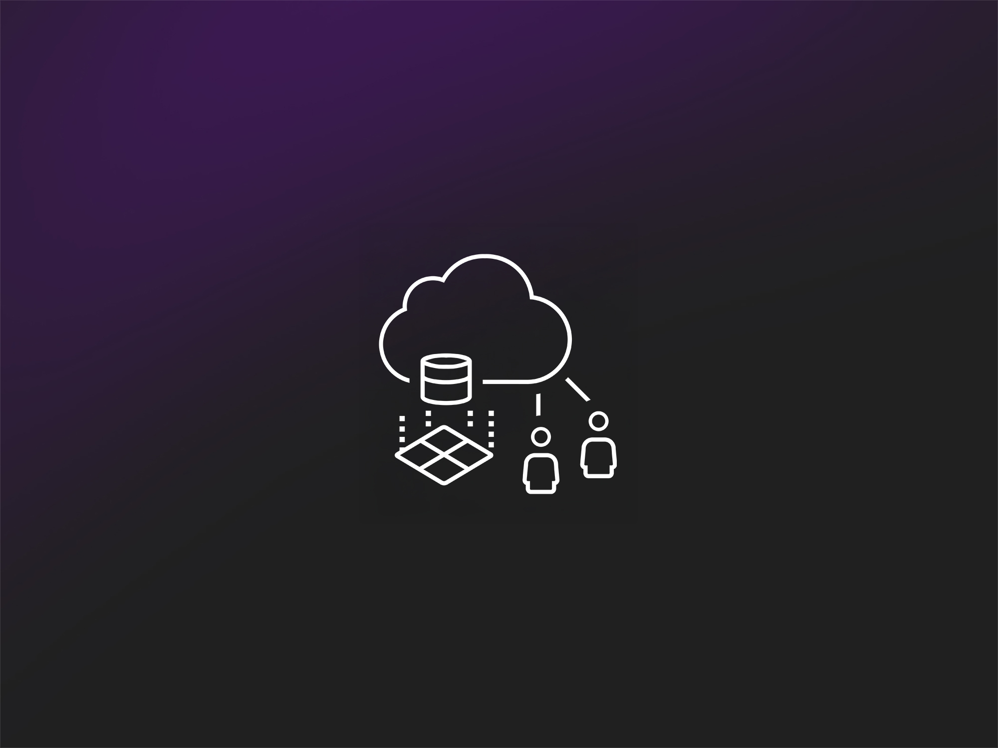 Minimalist line art illustrates a cloud computing concept on a dark gradient background.