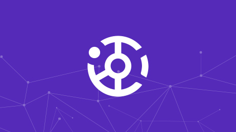 White circular symbol on a purple background