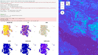 Blue satellite image next to coding language with letters and symbols and maps
