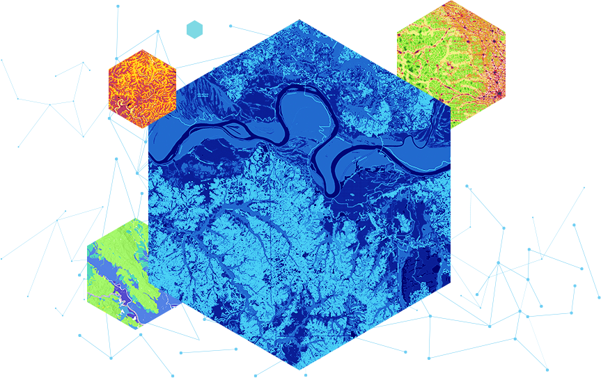 Series of four hexagons with snippets of digital maps shown in each