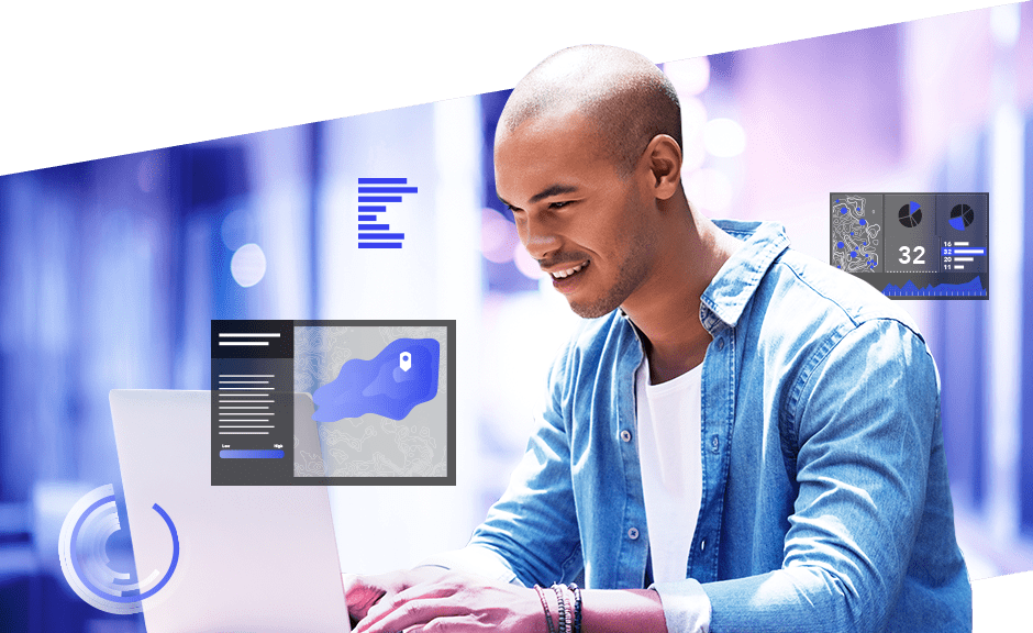 Uomo sorridente che lavora su un computer portatile con immagini digitali inserite di una mappa e grafici a torta 