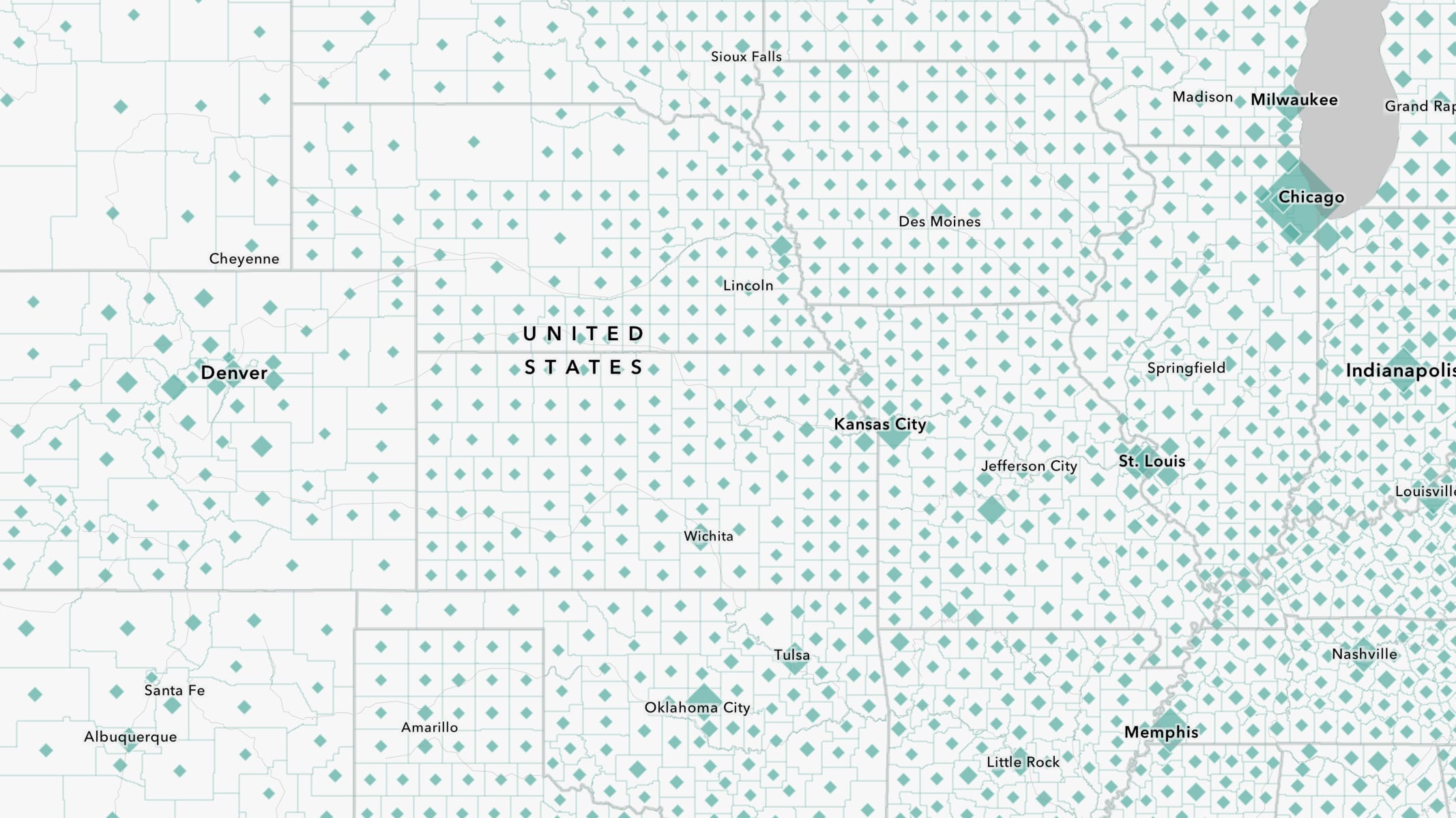 Mappa di colore bianco degli Stati Uniti con punti di dati blu