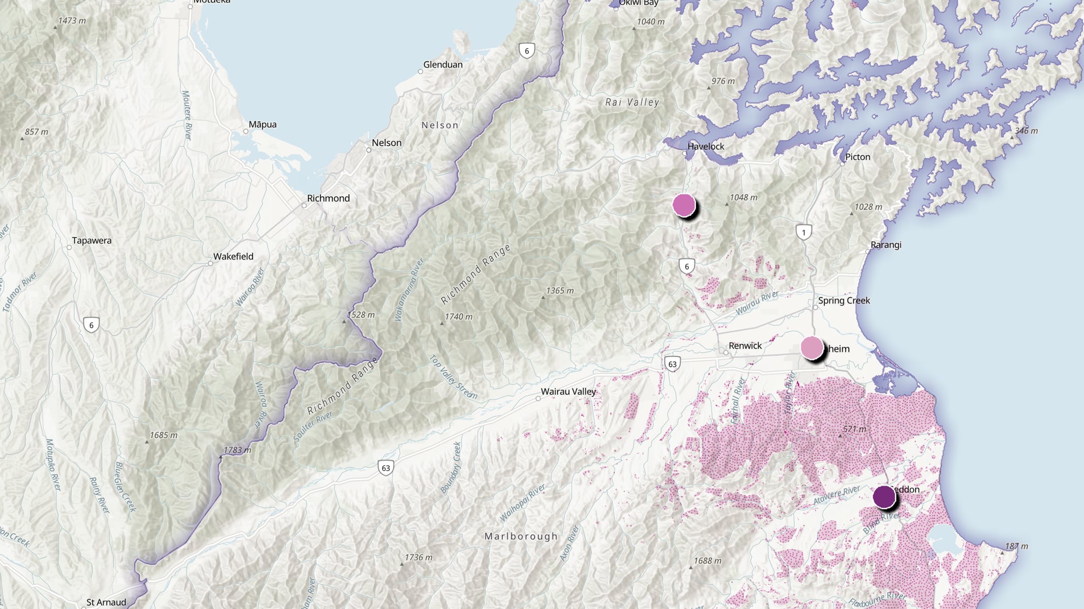 Mappa di colore chiaro di un campeggio con un'area specifica colorata in rosa