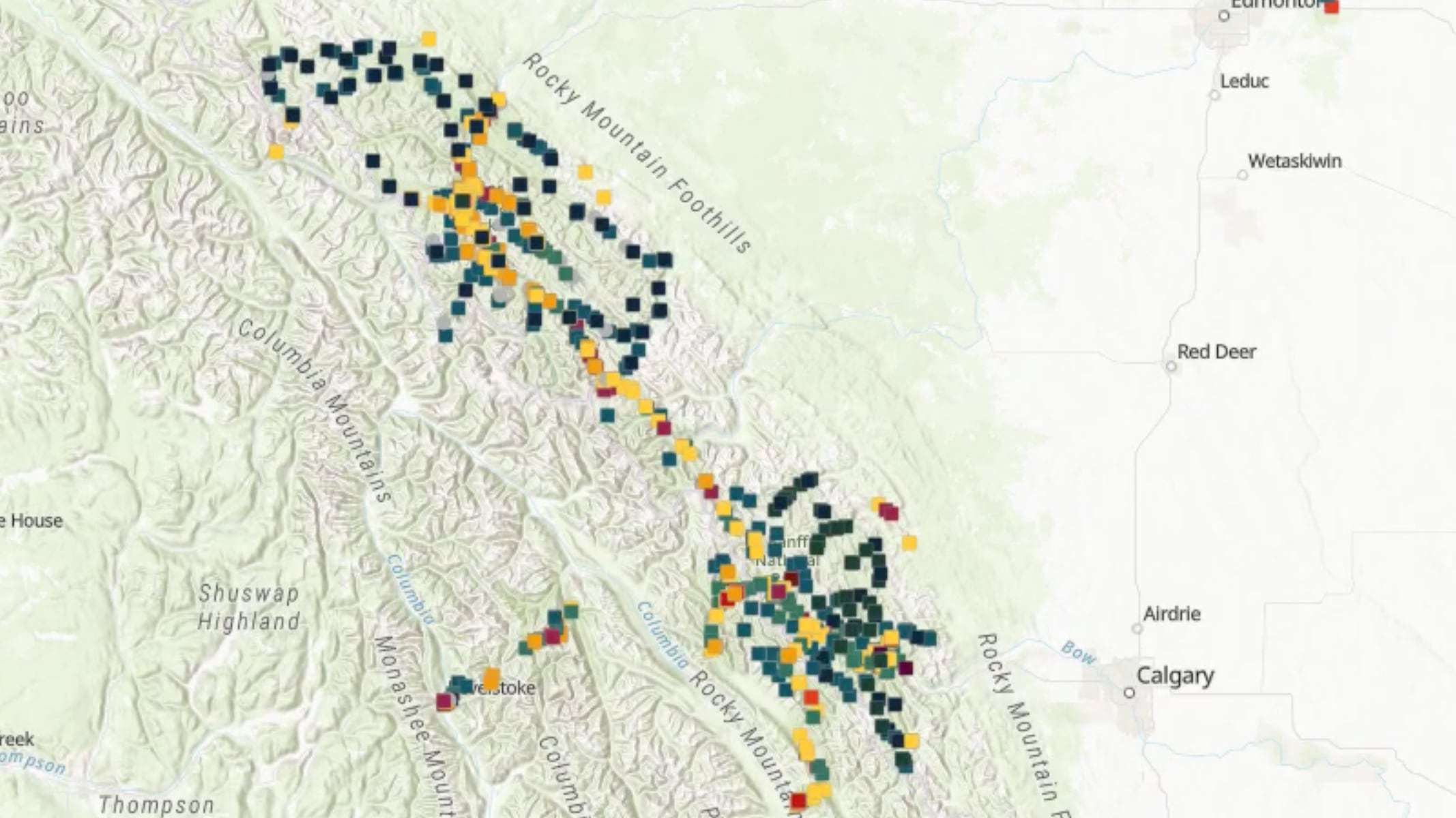 Mappa che mostra il terreno, punti di dati neri e un percorso evidenziato con una linea gialla 