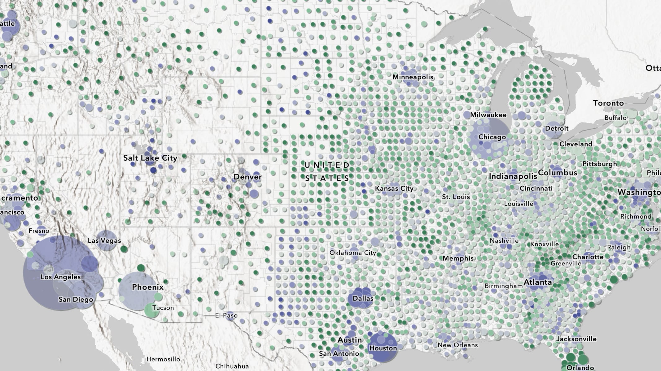 Mappa beige e grigia con molti punti di dati sparsi negli Stati Uniti