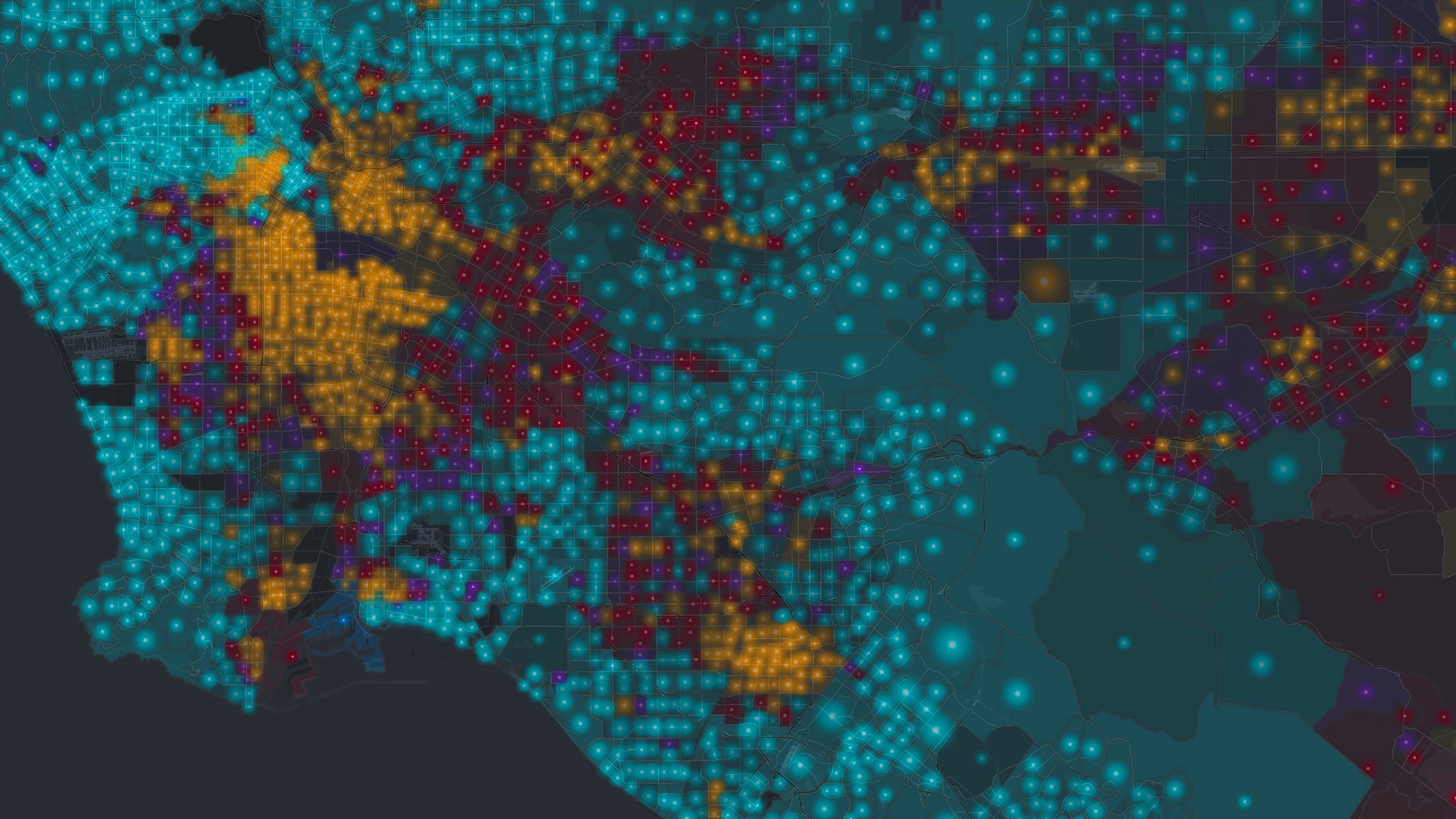 Punti verde acqua, viola e arancione su una mappa multicolore
