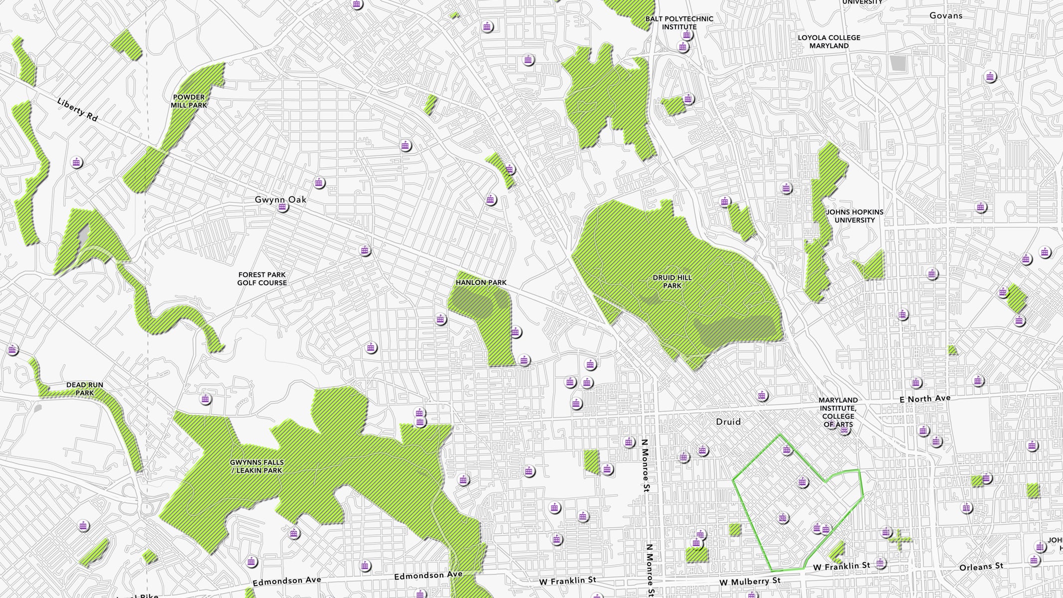 Una mappa stradale grigia con punti di dati sparsi e aree selezionate evidenziate in verde