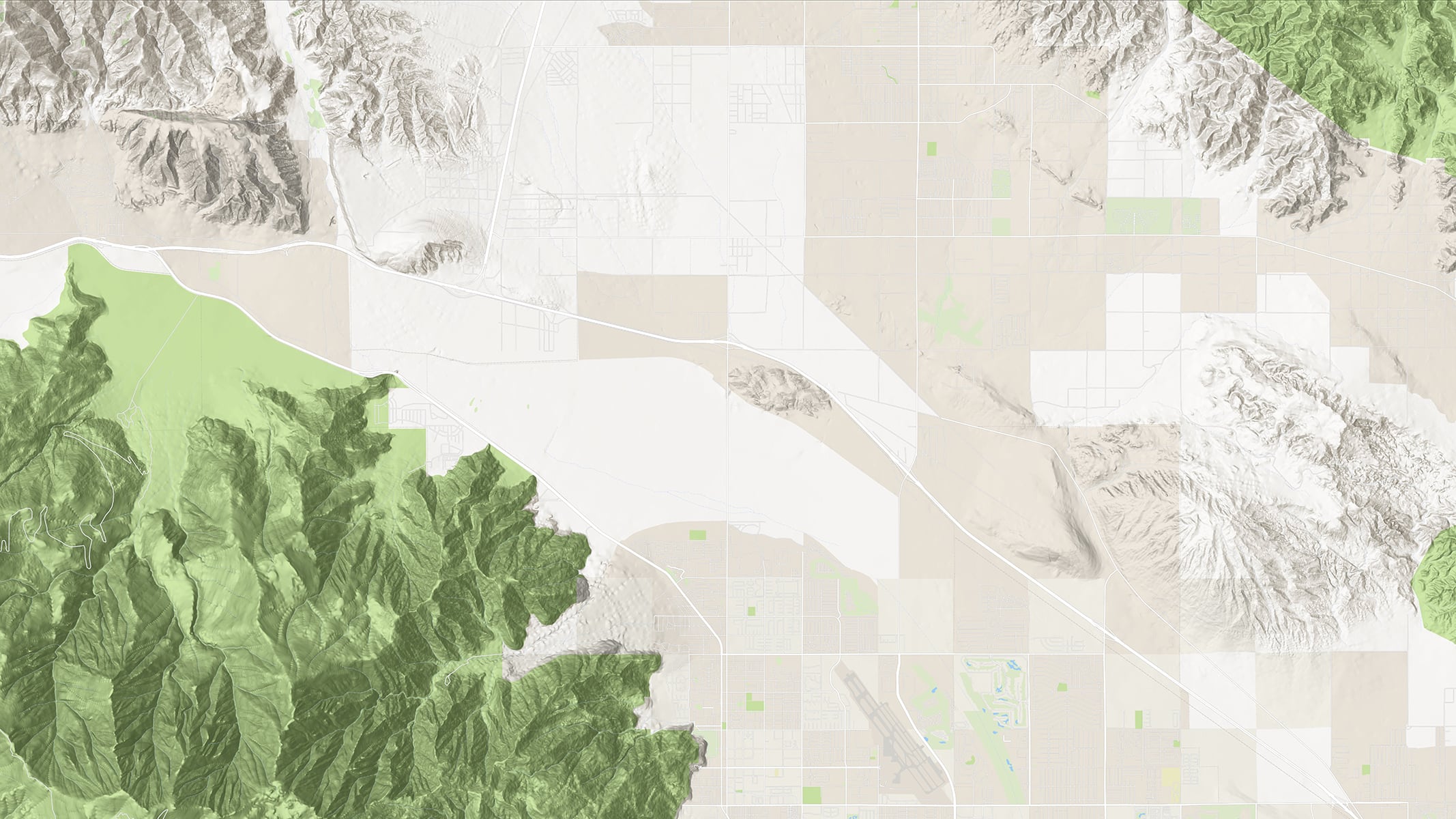 Una mappa di colore beige con montagne verdi