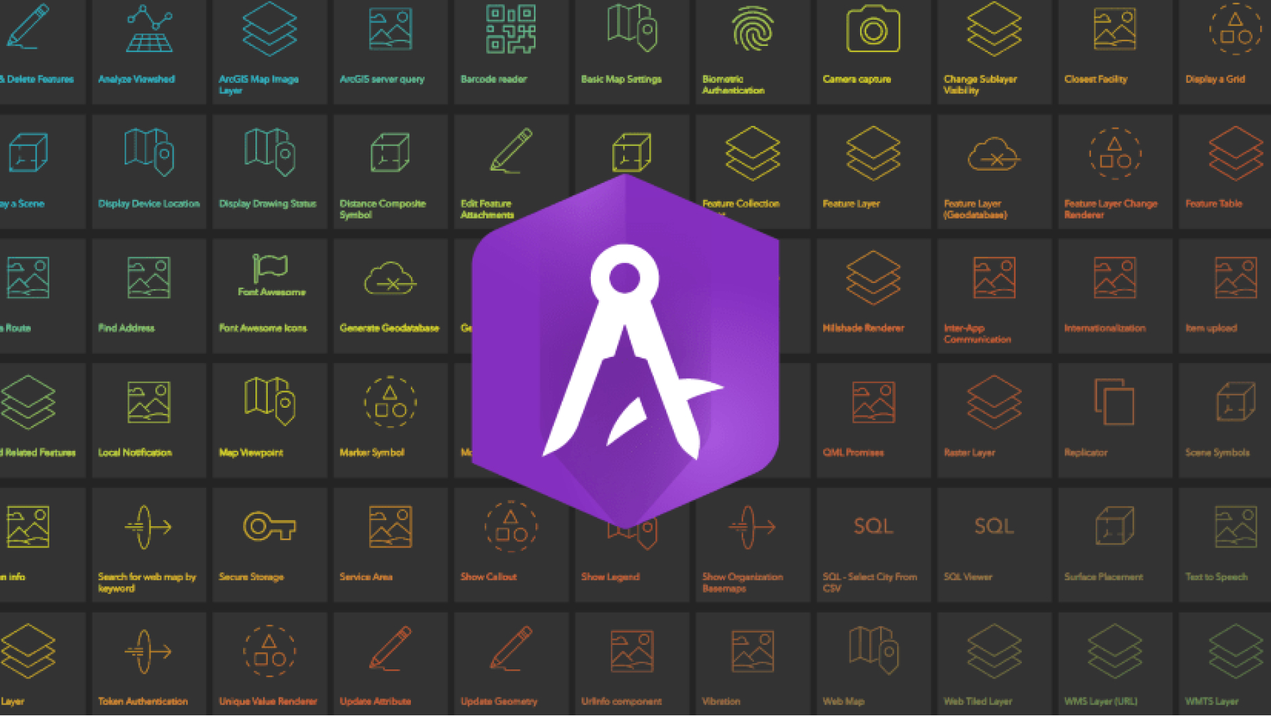 Cuadrícula cuadrada de color gris oscuro con iconos superpuestos con una forma púrpura y un icono blanco en su interior que representa el logotipo de AppStudio
