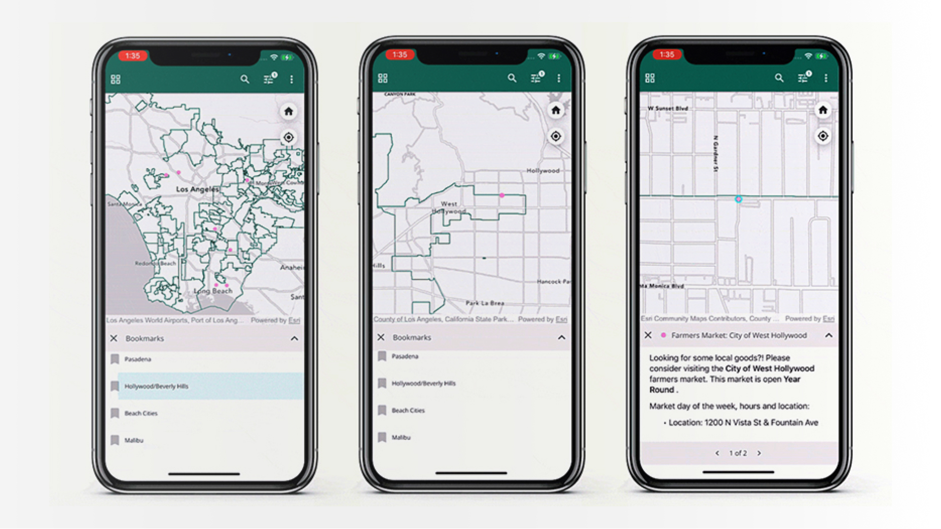 Three cell phones side-by-side displaying maps with white backgrounds and green lines indicating roads