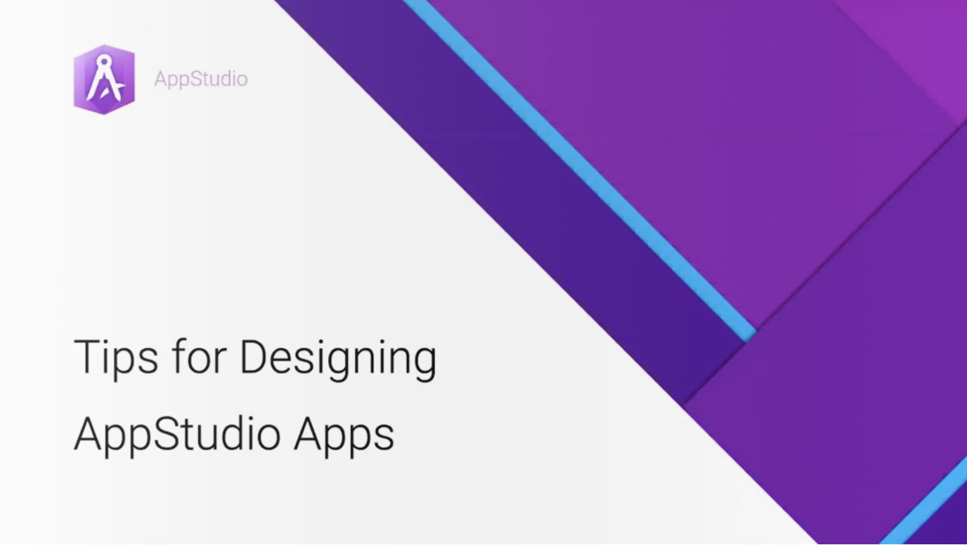 Titelfolie mit den Wörtern "Tips for Designing AppStudio Apps" und einem diagonal angeordneten Design in Violett