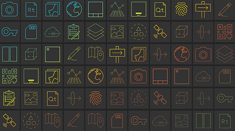 A grid of 66 dark gray boxes, each containing a colorful line icon representing communication, security, and location