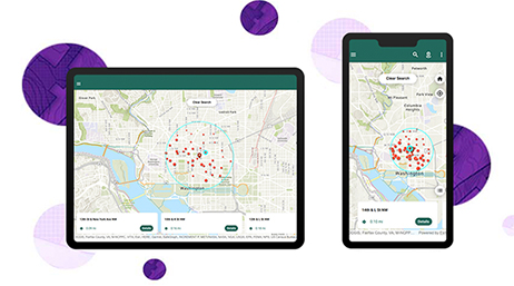 A tablet and a mobile phone side by side displaying coordinating maps on a white background with abstract purple circles