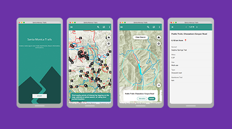 Four mobile phones in a row on a purple background, each displaying a different screen or map from a trails app