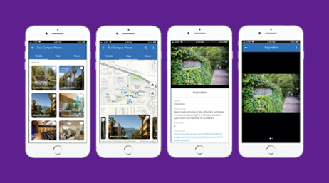 無地の紫色を背景として、それぞれ異なる AppStudio アプリのビューを表示している 4 台並んだスマートフォンの図
