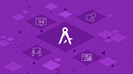 抽象的な菱形の紫色の背景に配置された白い AppStudio アイコン