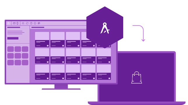 Violette Infografik mit einem Laptop mit einem Einkaufstaschensymbol, überlagert mit einem Computerbildschirm mit rasterförmig angeordneten quadratischen Containern 