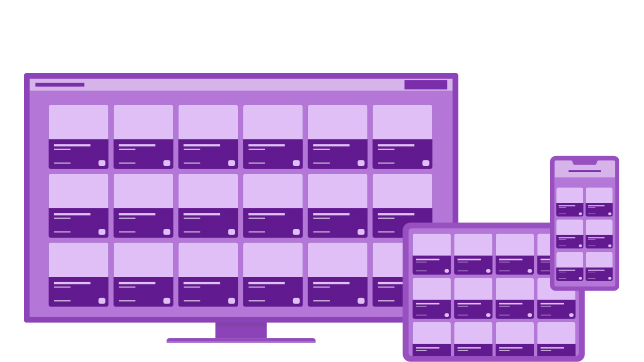 Violette Infografik mit einem Desktop, einem Tablet und einem Mobiltelefon mit rasterförmig angeordneten quadratischen Containern