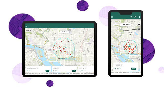 A graphics of a tablet and smartphone displaying ArcGIS AppStudio map dashboards