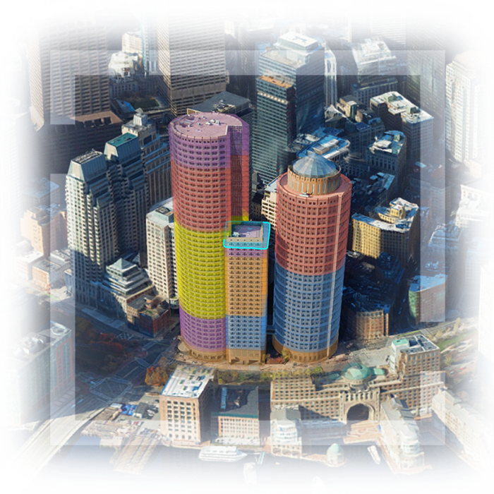A 3D, aerial view of downtown Boston, Massachusetts, with three buildings highlighted in different colors