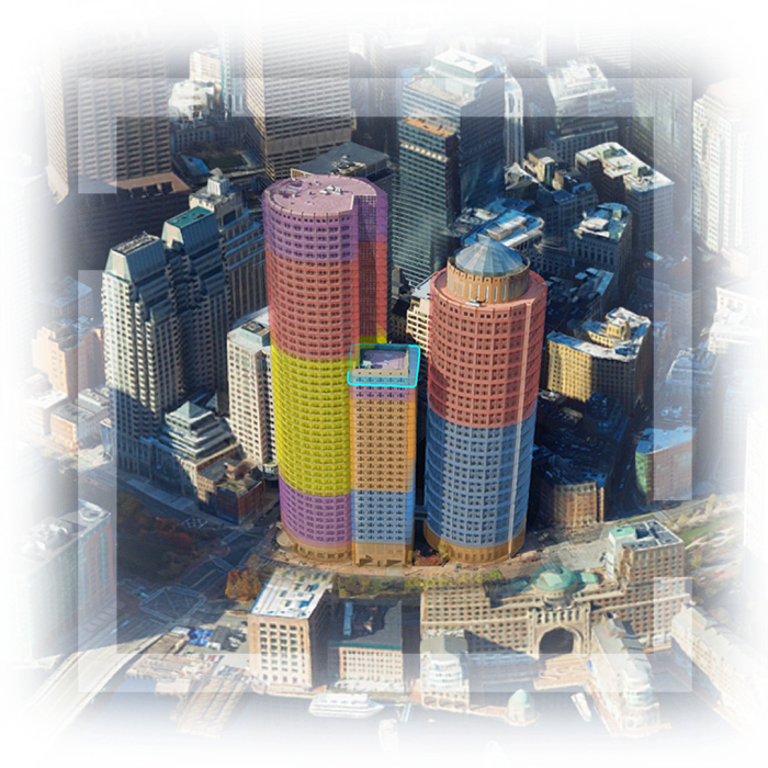 Uma vista aérea em 3D do centro de Boston, Massachusetts, com três edifícios destacados em diferentes cores