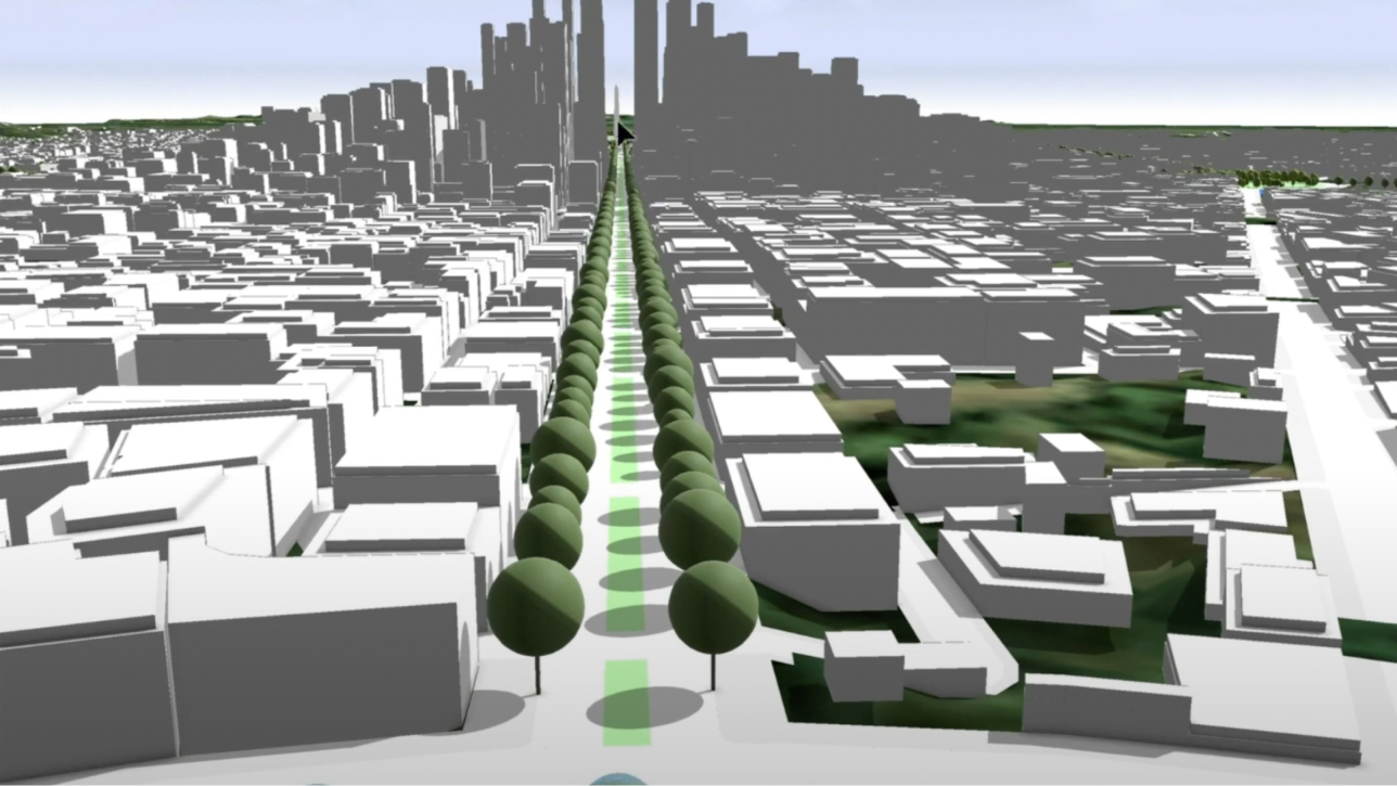 3D scene of a fictional city with gray streets and buildings and green trees combined with a shadows