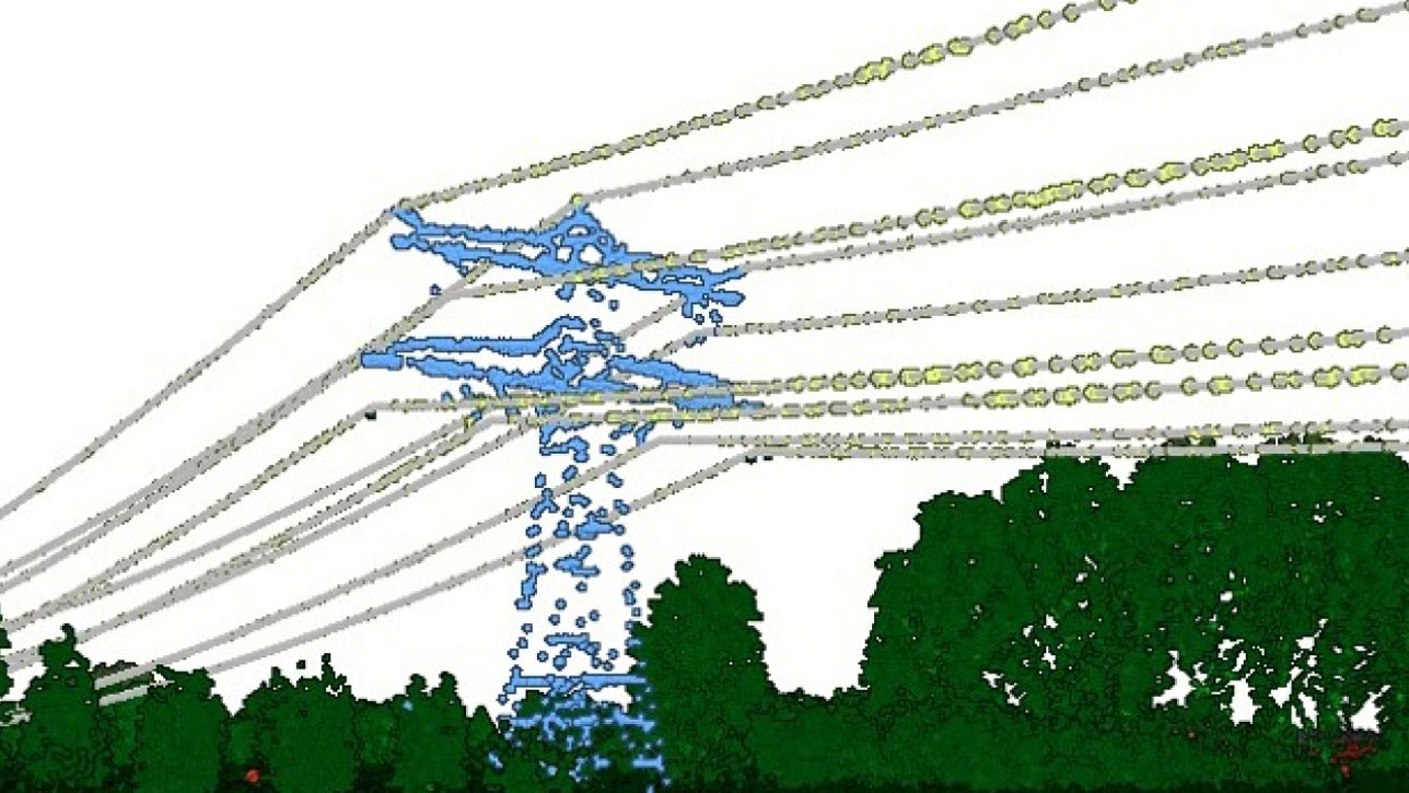 3D image created with Lidar showing a landscape with electric pylons, powerlines, and green vegetation 