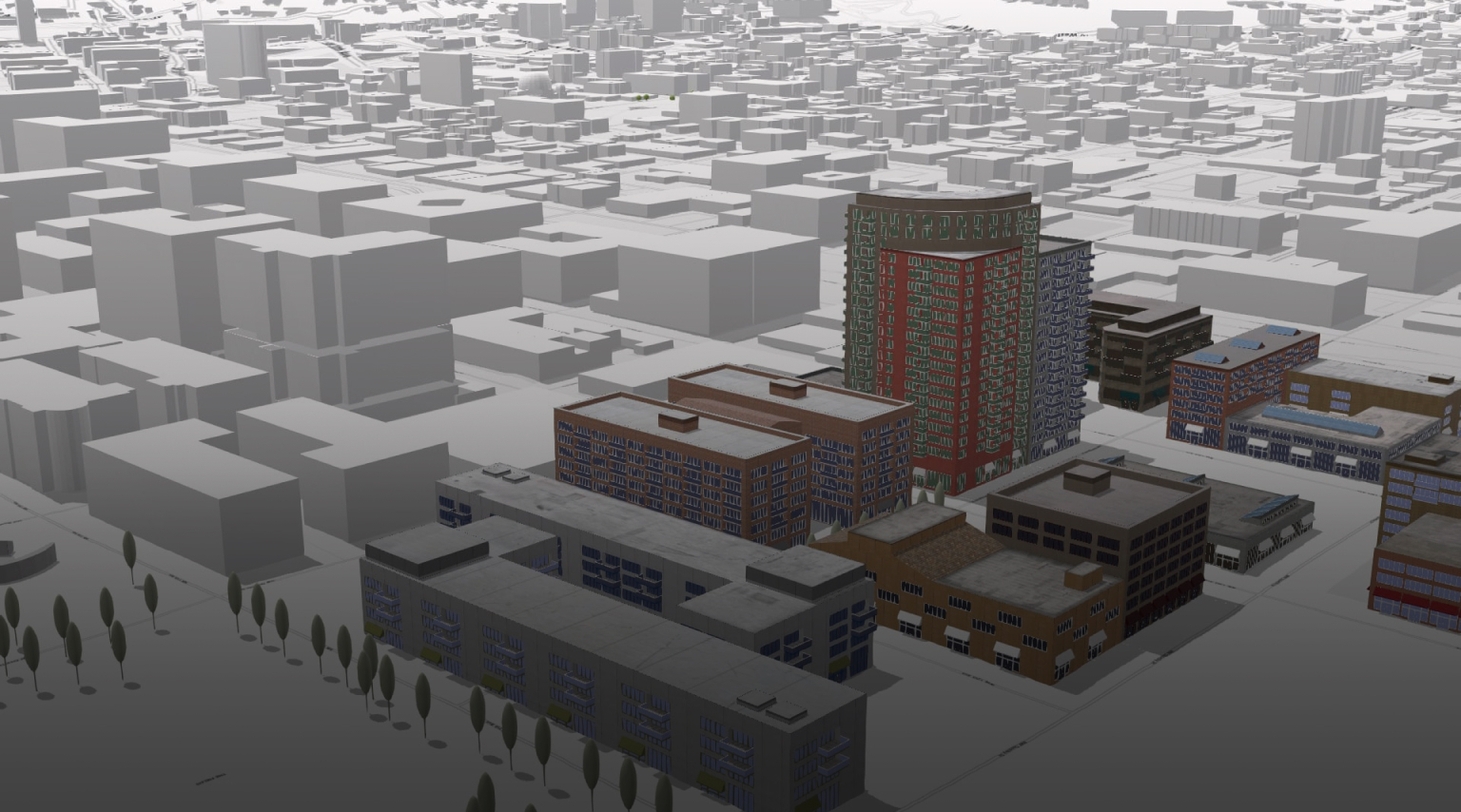 Cena 3D de uma área urbana da cidade com modelos de construção cinza