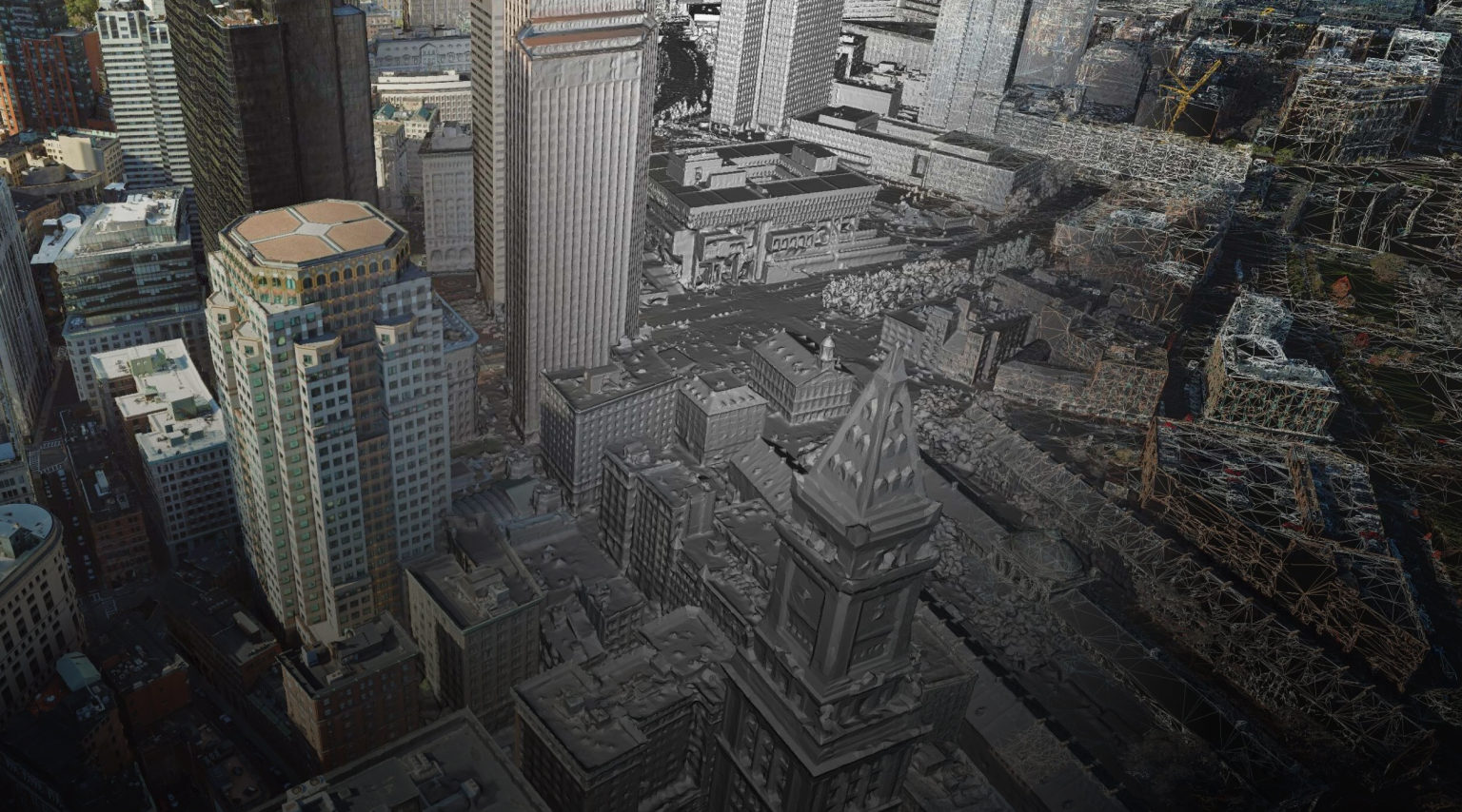 Photogrammetry image of a downtown area with large and small 3D buildings