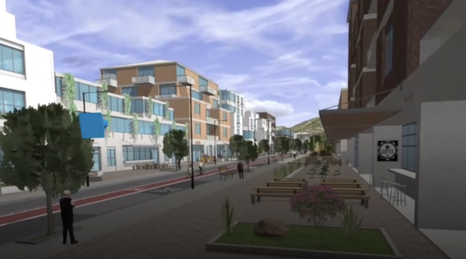 3D scene of a city block with buildings, a road, and green trees viewed through a VR headset